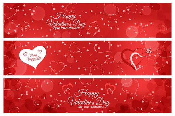 Vector set of greeting bookmarks for Valentine 's Day on the abstract red background with hearts, radance, χιόνι, αστέρια. — Διανυσματικό Αρχείο