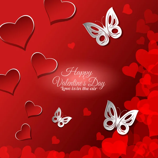 Вектор С днем Святого Валентина градиентный фон с вырезанным красным сердцем и бабочками . — стоковый вектор