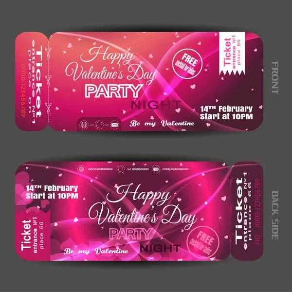 Vektor happy valentine 's day night party ticket auf dem rosa Gradienten Hintergrund mit Herzen, Sternen und Wellen. — Stockvektor