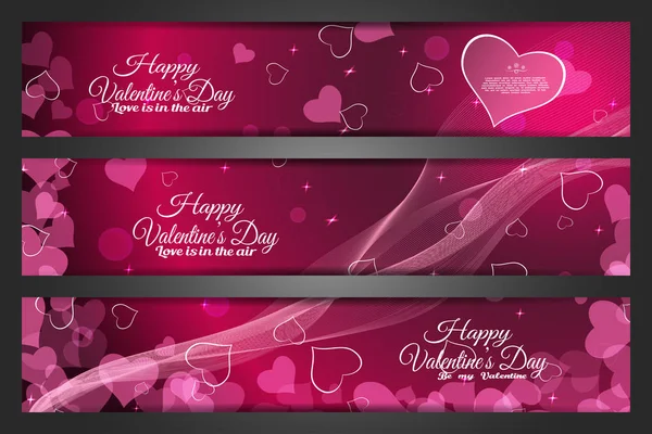 Vector set of wide greeting bookmarks for Valentine's Day on the abstract dark pink background with heart shape, waves and text. — ストックベクタ