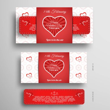 Sevgililer Günü için gri gradyan arka planda şerit ve kırmızı desenli bir tebrik kartı seti..