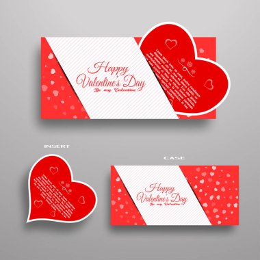 Sevgililer Günü için tebrik kartı vektör seti. Gri arkaplanda ışık çizgisi olan kırmızı kutuya yerleştir.