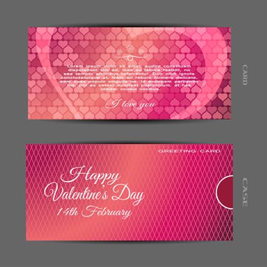 Sevgililer Günü için kırmızı ve pembe tebrik kartlarının vektör seti. Gri arkaplanda çizgi desenli kalp deseni, metin ve kırmızı gradyan çantalı..