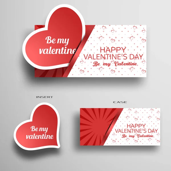 Vektor-Set von Grußkarten für den Valentinstag-Einsatz im Etui mit hellem Muster aus Herzen und Streifen auf grauem Hintergrund. — Stockvektor