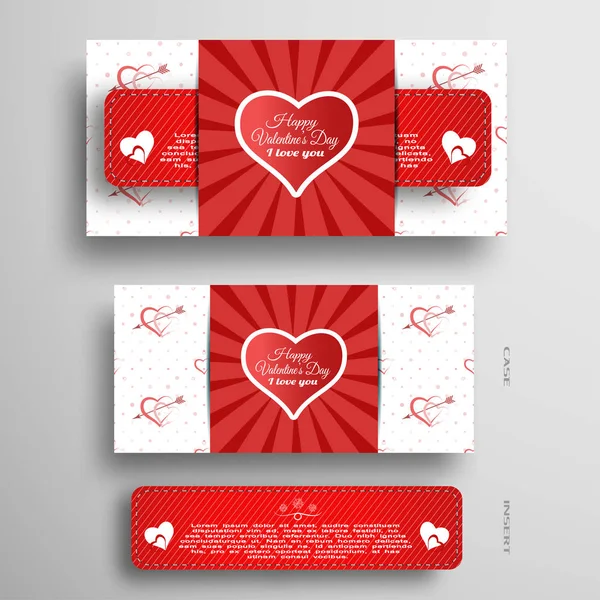 Vektor-Set von Grußkarten zum Valentinstag mit Einfügestreifen und rotem Muster auf grauem Hintergrund. — Stockvektor