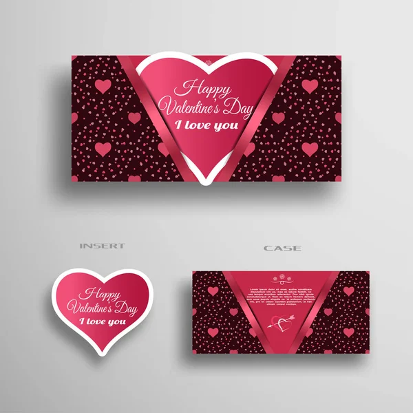 Vektor-Set aus Grußpapier Herz für Valentinstag-Einsatz im Etui mit dunklem Muster aus Herzen und Punkten auf grauem Hintergrund. — Stockvektor
