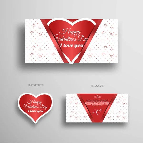 Vektor-Set aus Grußpapier Herz für Valentinstag-Einsatz im Etui mit hellrotem Muster aus Herzen und Punkten auf grauem Hintergrund. — Stockvektor