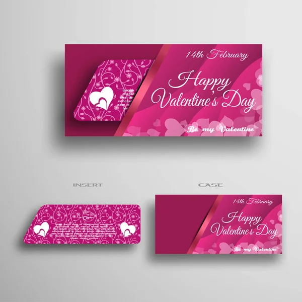 Vektor-Set von Grußkarten für den Valentinstag-Einsatz im Etui mit gradienten rosa Wellenmuster und Streifen auf dem grauen Hintergrund. — Stockvektor