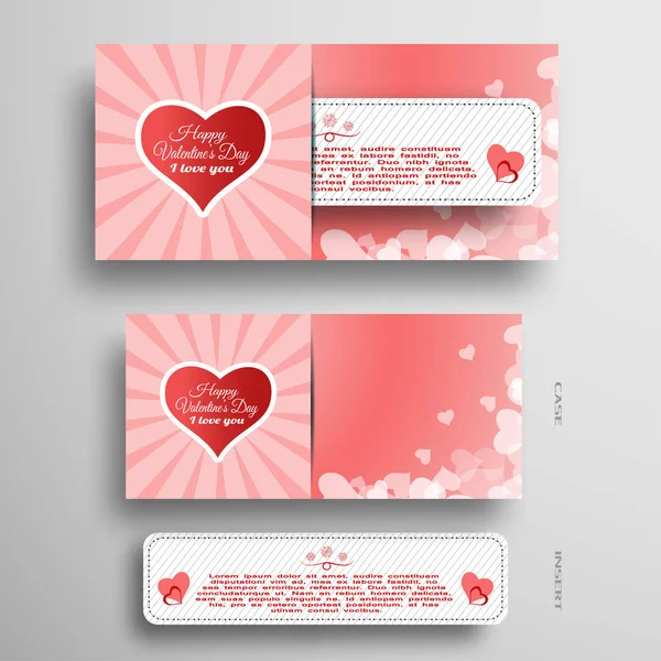 Vektor-Set hellroter Grußkarte zum Valentinstag mit eingesetztem Papierstreifen auf dem grauen Farbverlauf-Hintergrund. — Stockvektor