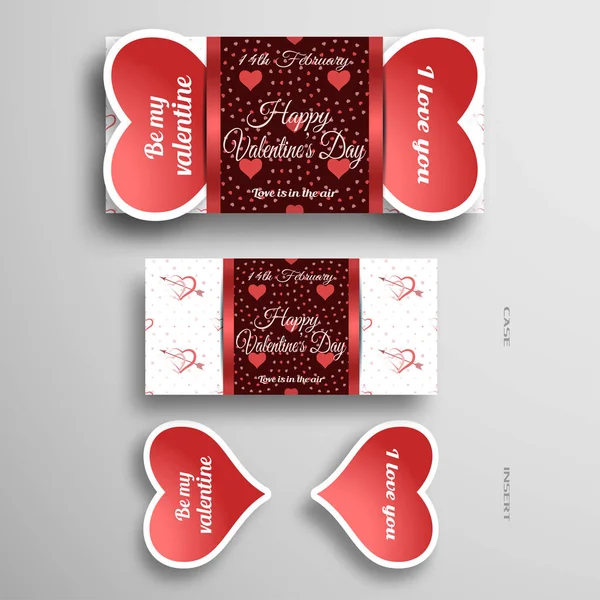 Conjunto vectorial de corazones de papel de saludo para insertar el Día de San Valentín en caso de que con patrón rojo oscuro de corazones en el fondo gris . — Vector de stock
