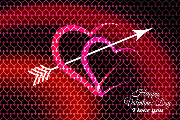 Vector Feliz Dia dos Namorados gradiente vermelho e rosa fundo com silhuetas de coração e seta . —  Vetores de Stock
