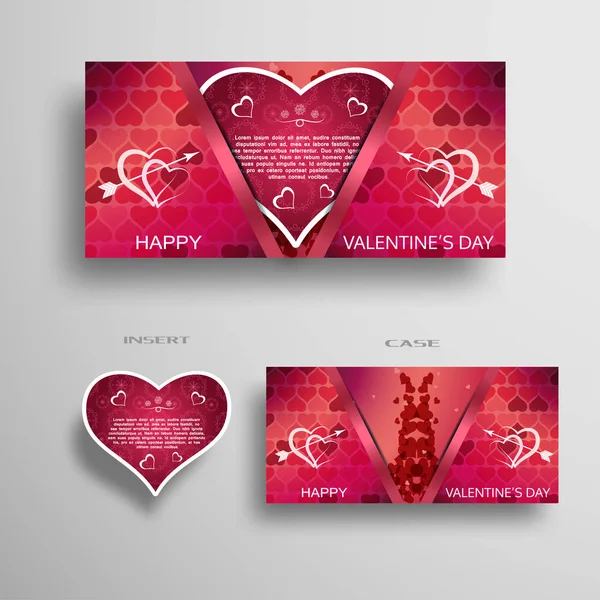 Vektor-Set roter Grußkarte mit Muster für den Valentinstag-Einsatz im Etui auf dem grauen Hintergrund. — Stockvektor