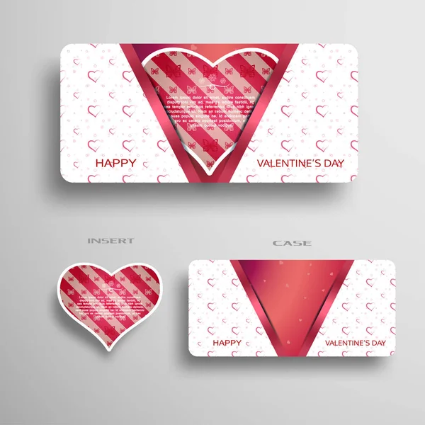 Vektor-Set von roter Grußkarte mit Muster für den Valentinstag-Einsatz im Etui mit hellen Mustern auf dem grauen Farbverlauf-Hintergrund. — Stockvektor