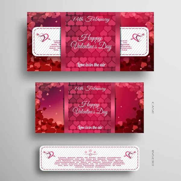 Vektor-Set mit roter und pinkfarbener Grußkarte zum Valentinstag mit Einlegestreifen und rotem Muster auf grauem Hintergrund. — Stockvektor