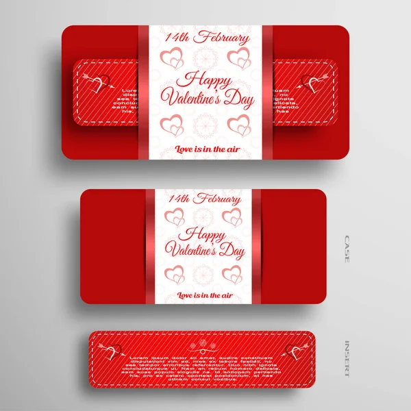 Vektor-Set mit rot-weißer Grußkarte zum Valentinstag mit Muster auf der Tasche. — Stockvektor