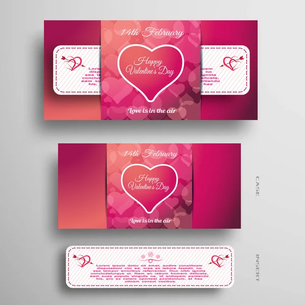 Vektor-Set mit roter und rosa Grußkarte zum Valentinstag mit weißem Papierstreifen auf grauem Hintergrund. — Stockvektor