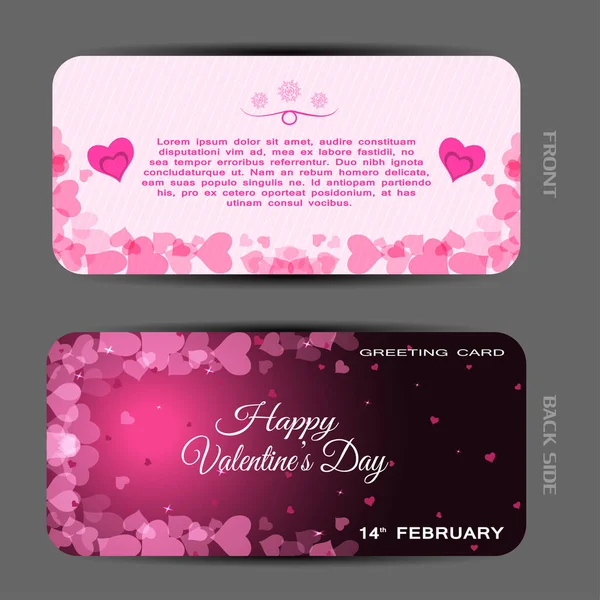 Conjunto vectorial de tarjeta de felicitación rosa claro para el Día de San Valentín con patrón de línea, texto y caja de degradado rosa oscuro con patrón de corazones en el fondo gris . — Vector de stock