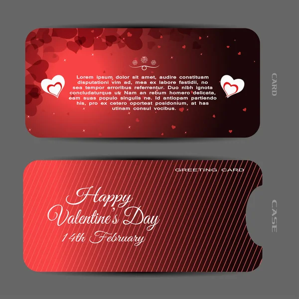 Ensemble vectoriel de carte de vœux rouge pour la Saint-Valentin avec motif coeur, étoiles, texte et boîtier dégradé rouge avec lignes sur le fond gris . — Image vectorielle
