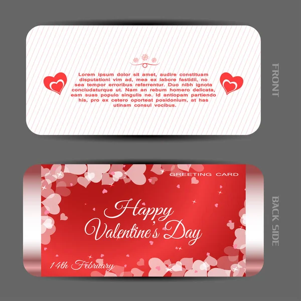 Vektor-Set mit weißer Grußkarte zum Valentinstag mit Linienmuster, Text und rotem Farbverlauf mit Herzmuster und Metallstreifen auf grauem Hintergrund. — Stockvektor