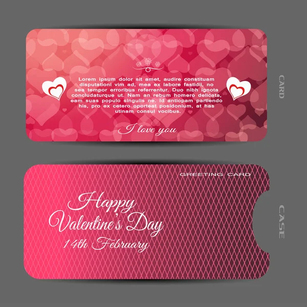 Conjunto vectorial de tarjeta de felicitación roja y rosa para el Día de San Valentín con patrón abstracto, texto y estuche de degradado blanco con líneas en el fondo gris . — Vector de stock