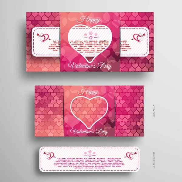 Conjunto vetorial de cartão rosa e vermelho com padrão de coração para o Dia dos Namorados com faixa de papel branco inserida no fundo cinza . — Vetor de Stock