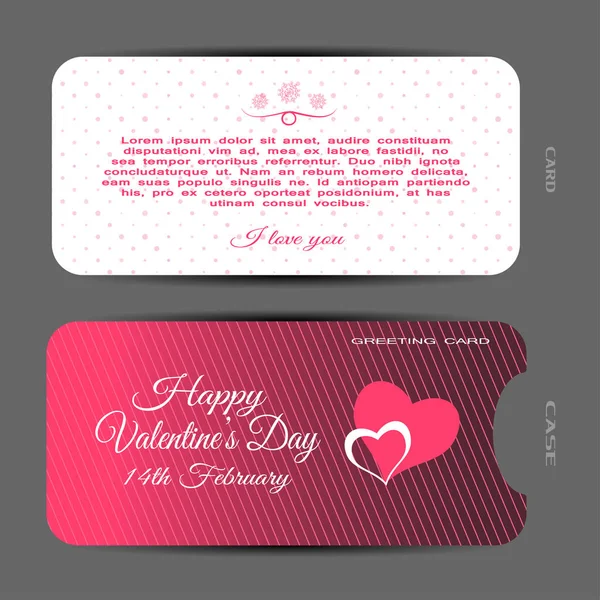 Conjunto vectorial de tarjeta de felicitación blanca para el Día de San Valentín con patrón de puntos, texto y caja de gradiente rojo con patrón de línea en el fondo gris . — Vector de stock