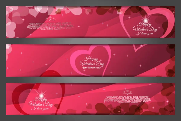 Vector set of wide greeting bookmarks for Valentine's Day on the abstract dark red background with heart silhouettes, waves and text. Stok Vektör