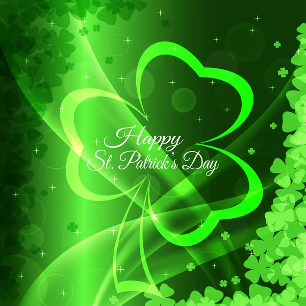 Vector abstract gradient green background for Happy St. Patrick's Day with leaves of clover pattern, waves and glowing silhouette. — ストックベクタ