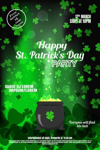 Vector Happy St. Patrick's Day nuit affiche de fête sur le dégradé fond vert foncé avec des feuilles de trèfle et chaudron . — Image vectorielle