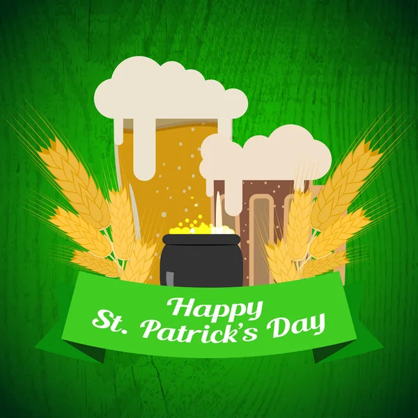 Vector Happy St. Patrick's Day affiche sur le dégradé fond vert foncé avec motif en bois, gobelets de bière, rayures et chaudron avec des pièces . — Image vectorielle