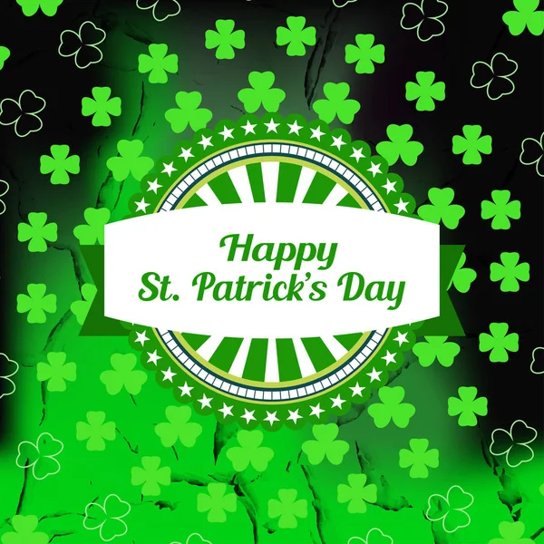Cartel del Vector Happy St. Patrick 's Day sobre el degradado fondo verde oscuro con grietas, etiqueta vintage, hoja de silueta de trébol dispuesta en círculo . — Vector de stock