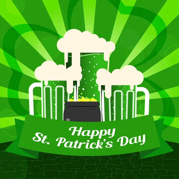 Vector Happy St. Patrick's Day affiche sur le dégradé fond vert foncé avec des rayons, des gobelets de bière et chaudron avec des pièces . — Image vectorielle