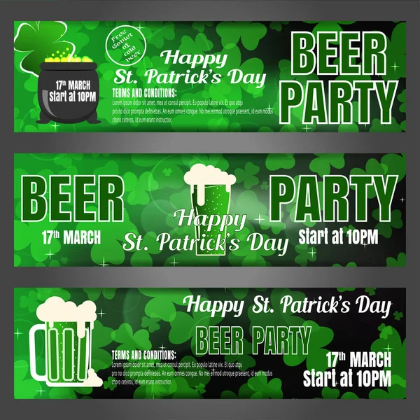 Bannières de fête de bière Vector Happy St. Patrick's Day sur le fond vert foncé dégradé avec feuilles de trèfle, gobelets de bière et chaudron . — Image vectorielle