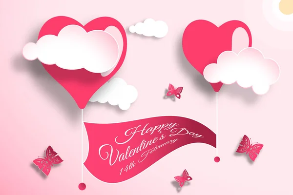 Tarjeta de felicitación vectorial del Feliz Día de San Valentín con fondo rojo claro, sol, nubes, formas del corazón, bandera y mariposas cortadas de papel . — Vector de stock