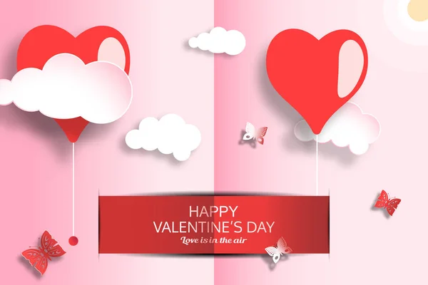 Vector greeting card of Happy Valentine's Day with light red background, sun, clouds, heart shapes, stripe and butterflies placed on a pages of paper. — Stock Vector