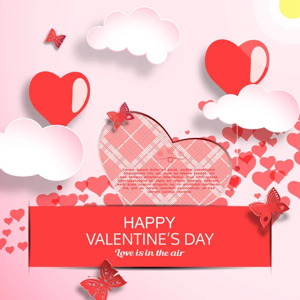 Vector greeting card of Happy Valentine's Day with gradient light red background, sun, clouds, heart shape with line pattern insert in pocket and butterflies cuted from paper. — ストックベクタ