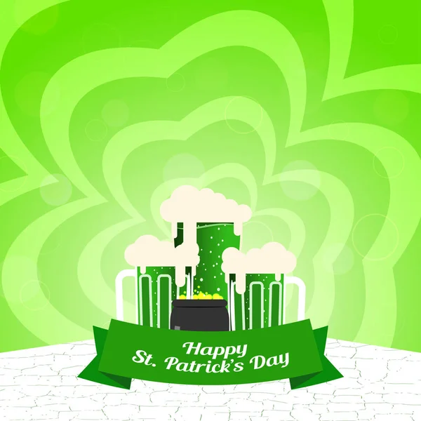 Vector Happy St. Patrick's Day affiche sur le fond vert clair dégradé avec éclat, gobelets de bière et chaudron avec des pièces . — Image vectorielle