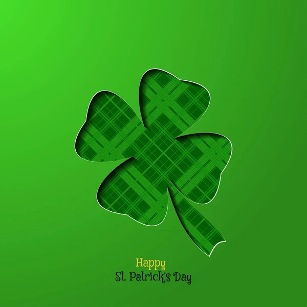 Vektor Happy St. Patrick 's Day plakát na zeleném svahu pozadí, list jetelového tvaru vystřižený z papíru a čáry vzor, stín, text. — Stockový vektor