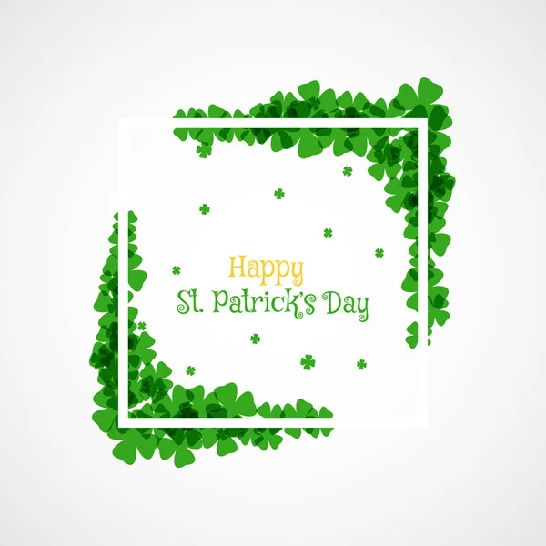 Poster Vector Happy St. Patrick's Day sullo sfondo bianco con cornice bianca, foglie verdi e testo . — Vettoriale Stock