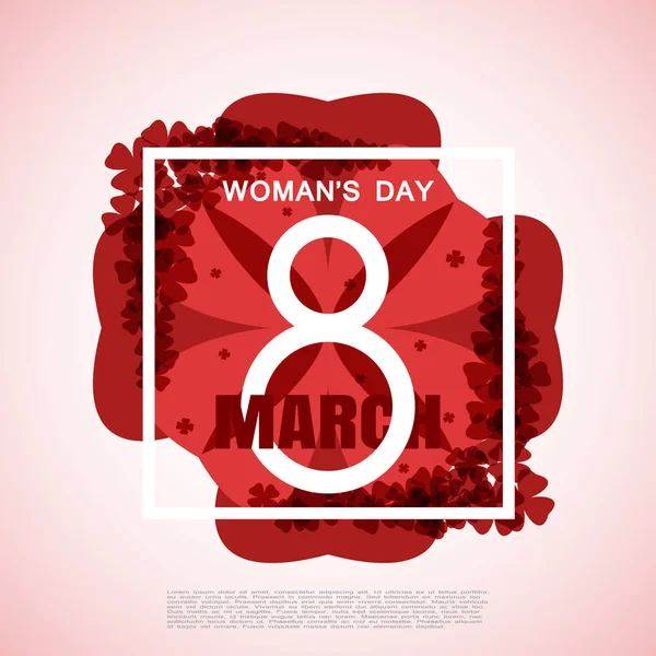 Vector Woman's Day 8 of March on the gradient red background with white frame, flowers and text. — Stock Vector