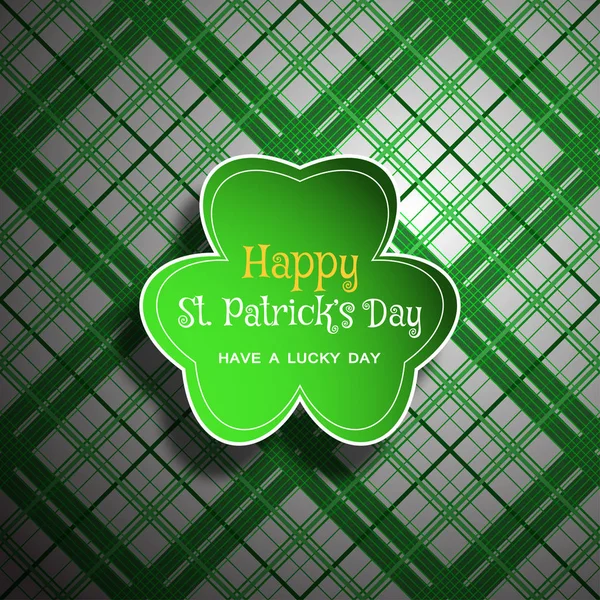 Cartel Vector Happy St. Patrick 's Day sobre fondo blanco y verde, hoja de trébol cortada de papel, sombra, texto . — Vector de stock