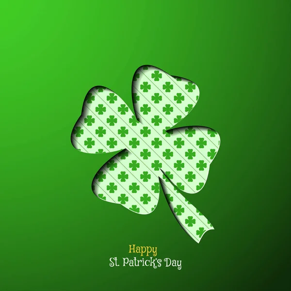 Vektor Happy St. Patrick 's Day plakát na zeleném svahu pozadí, list jetele vystřižené siluety a vzor, stín, text. — Stockový vektor