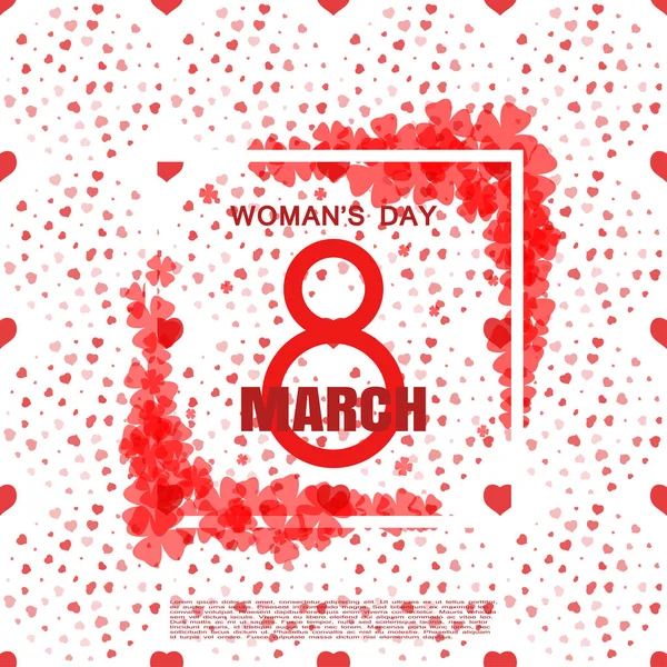 Vector 8 of March Woman 's Day on the white background with heart pattern, white frame and flowers . — стоковый вектор