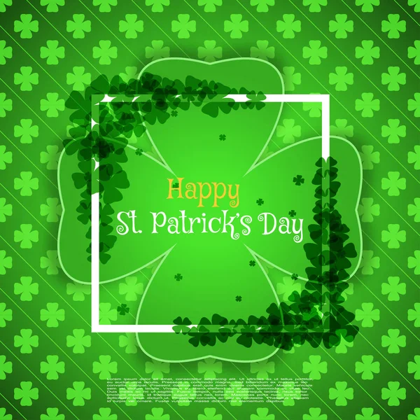 Vector Happy St. Patrick's Day card on the green pattern background with label cut from paper, shadow, text, white frame and clover leaves arranged at corners. — Stock Vector