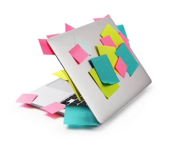 Image of laptop full of colorful sticky notes reminders isolated — Stock Photo, Image