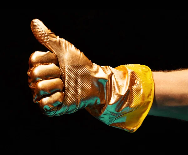 Obraz Złota Malowane Jak Gest Dłoni Żółtej Gumowej Rękawicy Czarnym — Zdjęcie stockowe