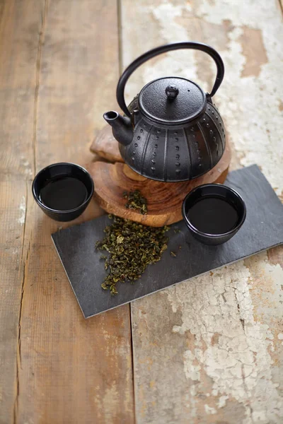 Green Asian Tea Vintage Wooden Table Top Side View Teapot — Stock Photo, Image