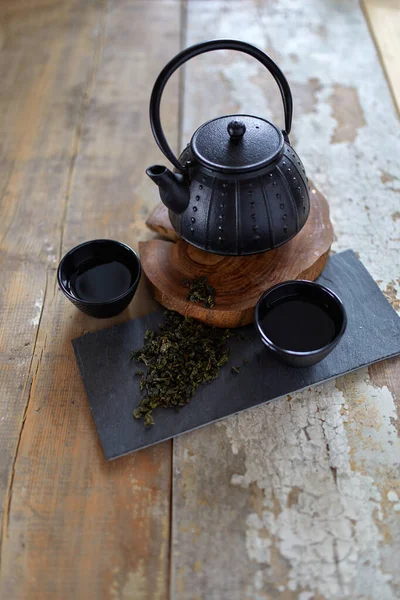 Green Asian Tea Vintage Wooden Table Top Side View Teapot — Stock Photo, Image