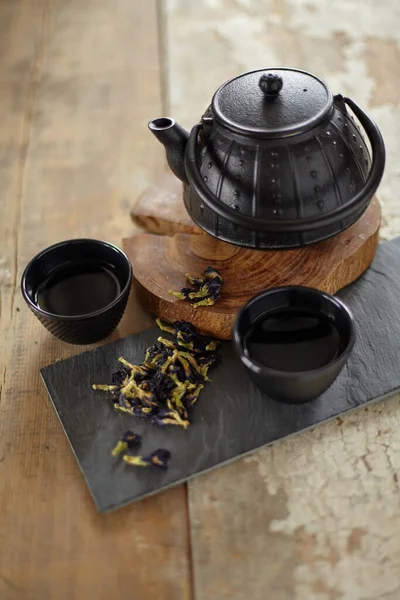 Herbal Asian Tea Vintage Wooden Table Top Side View Teapot — Stock Photo, Image