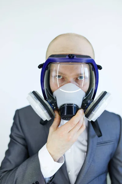 Image Business Man Breathing Protective Full Face Mask Virus Pollution — Stock Photo, Image
